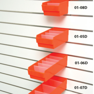 Shelfbox D Dividers in four different Shelfboxes: 100, 200, 300, and 400. Hung on Slatwall