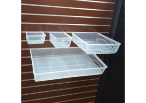 Selection of four different Clear Crateboxes on Slatwall