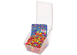 Crystal Clearbox with lid holding a bag of candy and candy