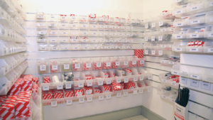 A display of clear Storbox Standards holding parts for a Toyota car dealership