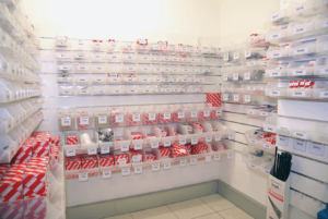 Gallery-2 A display of clear Storbox Standards holding parts for a Toyota car dealership