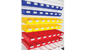 Gallery-7 Blue, yellow, and red Shelfboxes on display on Slatwall