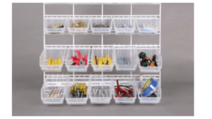 Clear short Hobiboxes holding screws and other garage parts