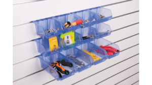 Translucent Blue Small Hobiboxes holding garage tools on Slatwall
