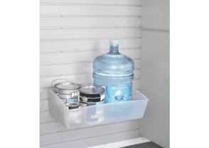 Clear Popbox jumbo holding a gallon of water and paint buckets on Slatwall